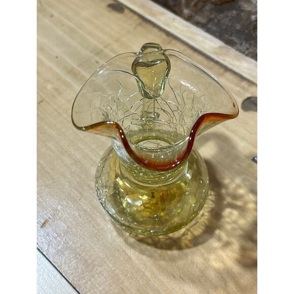 Vintage Amber Crackle Glass Small Pitcher w/ handle. Ruffle Lip. 4" tall. - Picture 3 of 7